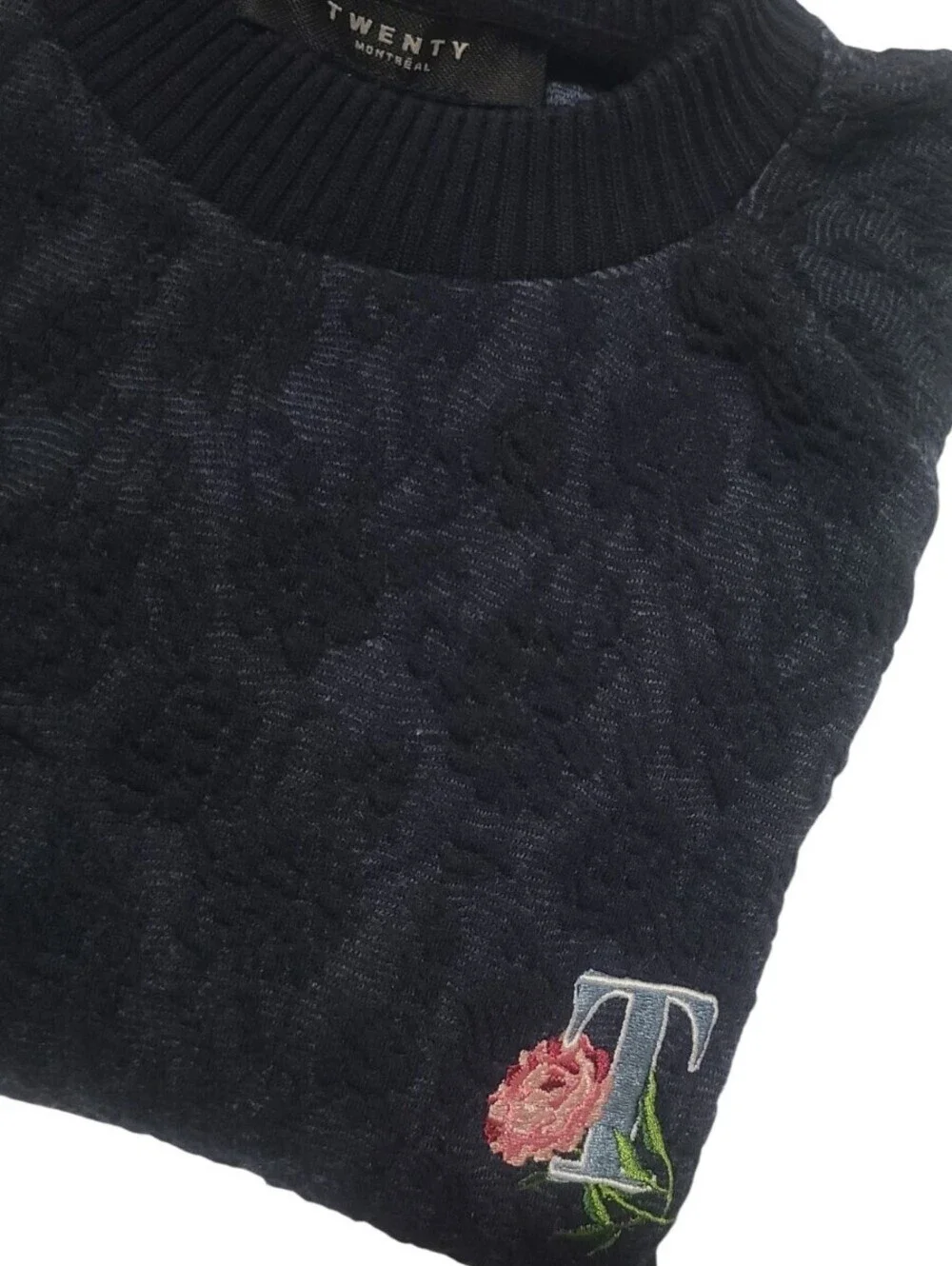 Twenty Montreal 3D Textured Floral Knit Pullover Sweater Blue S Small